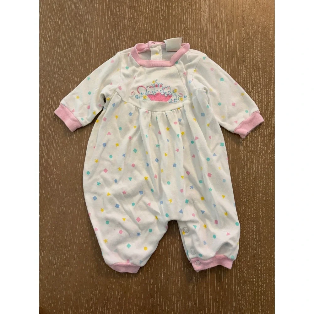 Vintage Baby Girls 6-9 Months Romper Sleeper Lot Pink Pastel Teddy Bear Ruffle